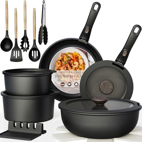 Astercook Non Stick RV Pots and Pans Ceramic Kitchen Cookware Set with Detachable/Removable Handle, Oven Safe, Induction Ready, Stackable, Black, 21 pcs - Image 2