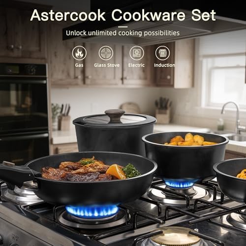 Astercook Non Stick RV Pots and Pans Ceramic Kitchen Cookware Set with Detachable/Removable Handle, Oven Safe, Induction Ready, Stackable, Black, 21 pcs - Image 3