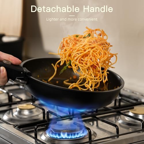 Astercook Non Stick RV Pots and Pans Ceramic Kitchen Cookware Set with Detachable/Removable Handle, Oven Safe, Induction Ready, Stackable, Black, 21 pcs - Image 5