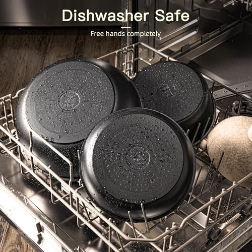 Astercook Non Stick RV Pots and Pans Ceramic Kitchen Cookware Set with Detachable/Removable Handle, Oven Safe, Induction Ready, Stackable, Black, 21 pcs - Image 6