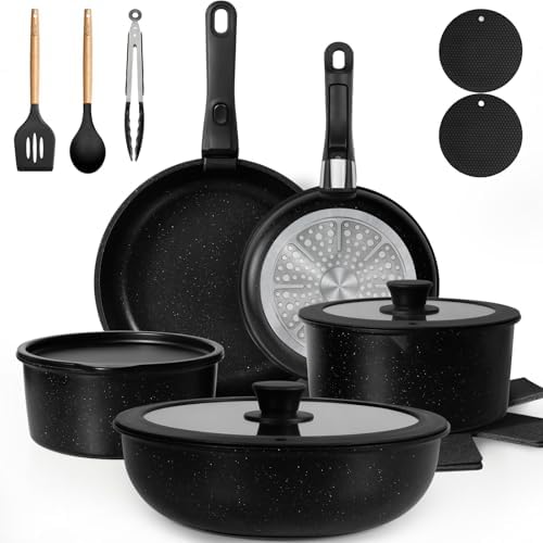 KIKCOIN 20 Pcs Pots and Pans Set Non Stick, Detachable Handle Cookware Sets Nonstick, Non Toxic Induction RV Kitchen Cooking Set with Removable Handles, Dishwasher/Oven Safe, Easy Clean (Black) - Image 2