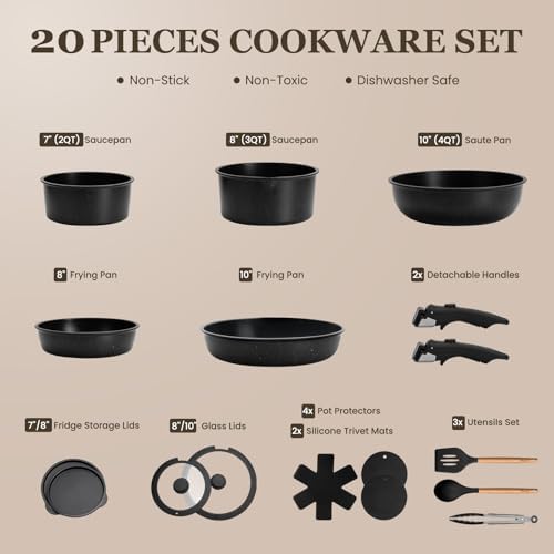 KIKCOIN 20 Pcs Pots and Pans Set Non Stick, Detachable Handle Cookware Sets Nonstick, Non Toxic Induction RV Kitchen Cooking Set with Removable Handles, Dishwasher/Oven Safe, Easy Clean (Black) - Image 3