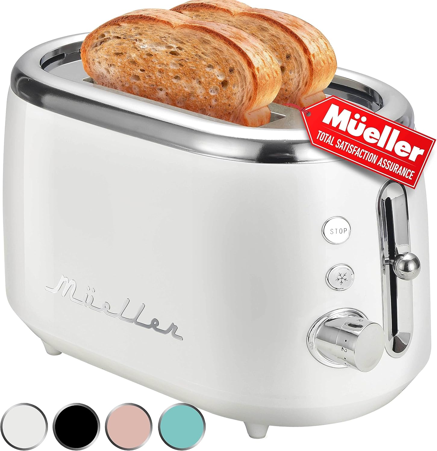 MÜELLERHOME Retro Toaster 2 Slice, 7 Browning Levels, 3 Functions (Reheat, Defrost, Cancel), Stainless Steel Features, Removable Crumb Tray, Under Base Cord Storage, White Toaster Kitchen Appliances