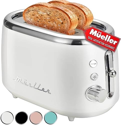 MÜELLERHOME Retro Toaster 2 Slice, 7 Browning Levels, 3 Functions (Reheat, Defrost, Cancel), Stainless Steel Features, Removable Crumb Tray, Under Base Cord Storage, White Toaster Kitchen Appliances - Image 2