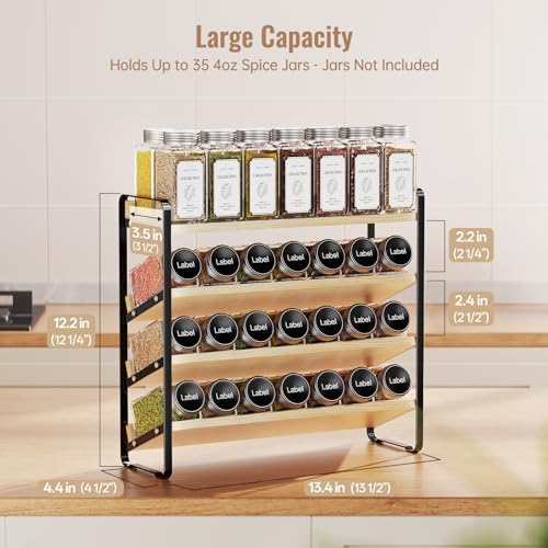 MUDEELA 4 Tier Spice Rack Organizer for Cabinet, Wooden Vertical Spice Shelf, Seasoning Organizer for Countertop, Kitchen, Pantry, Freestanding, 13.4" W × 11.2" H (No Jars Included), Black - Image 3
