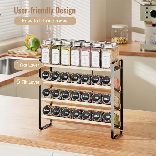 MUDEELA 4 Tier Spice Rack Organizer for Cabinet, Wooden Vertical Spice Shelf, Seasoning Organizer for Countertop, Kitchen, Pantry, Freestanding, 13.4" W × 11.2" H (No Jars Included), Black - Image 4