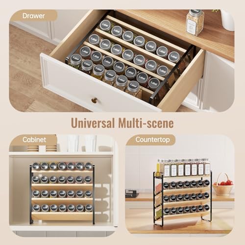 MUDEELA 4 Tier Spice Rack Organizer for Cabinet, Wooden Vertical Spice Shelf, Seasoning Organizer for Countertop, Kitchen, Pantry, Freestanding, 13.4" W × 11.2" H (No Jars Included), Black - Image 6